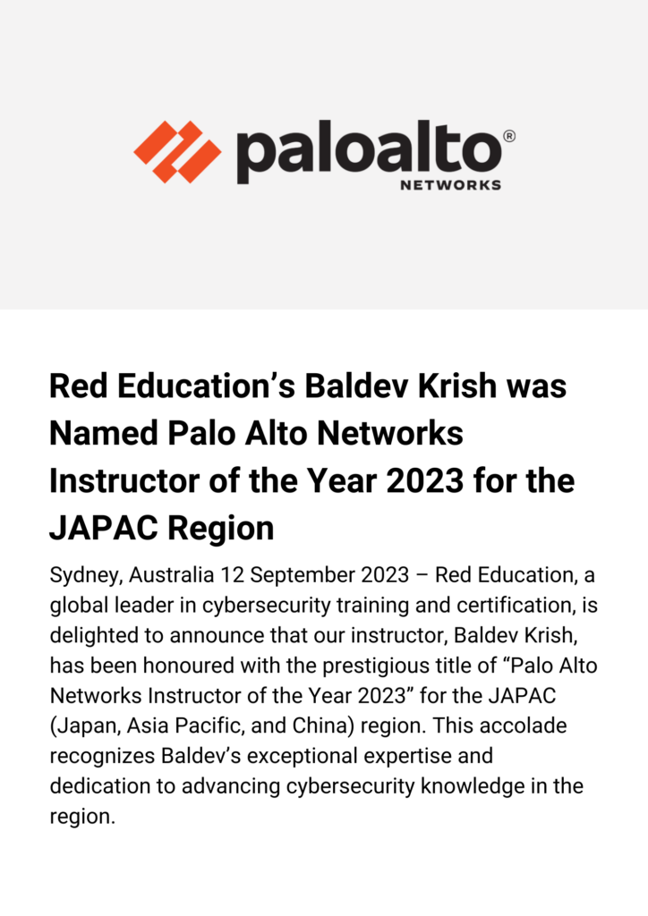 Baldev Krish Instructor of the year award Palo Alto Networks